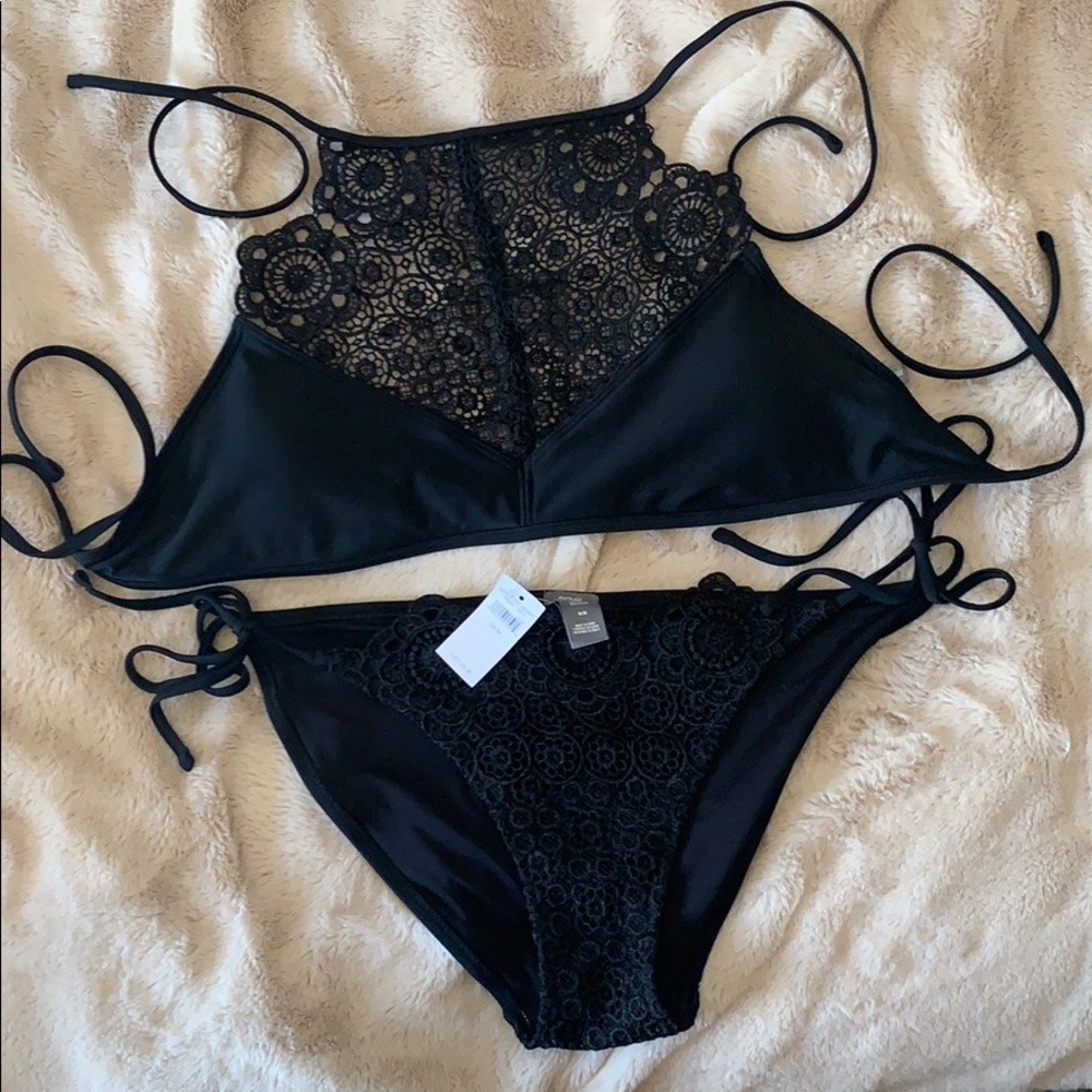 Aerie Black High Neck, Lace, String Bikini